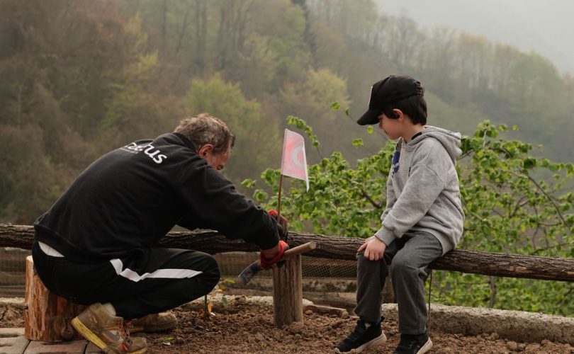 An older man and a boy engage in outdoor activities in a foggy rural setting, surrounded by nature.